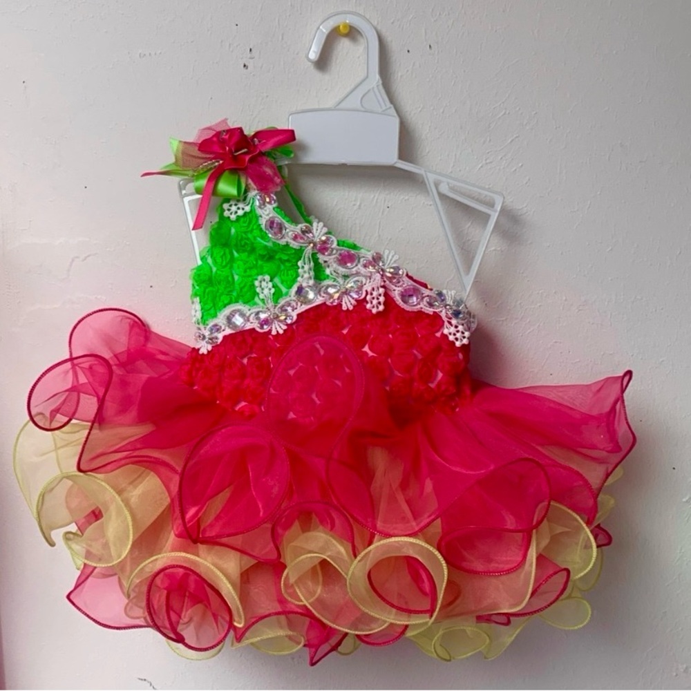 0/3 Months Bright Pink & Green Corset Cupcake Pageant Dress w/headband/bow NWT